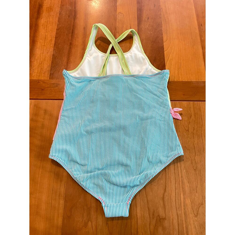 Lands End Girls One Piece Swimsuit Size 16 Colorblock Seersucker Stripe Swimwear - Picture 2 of 10